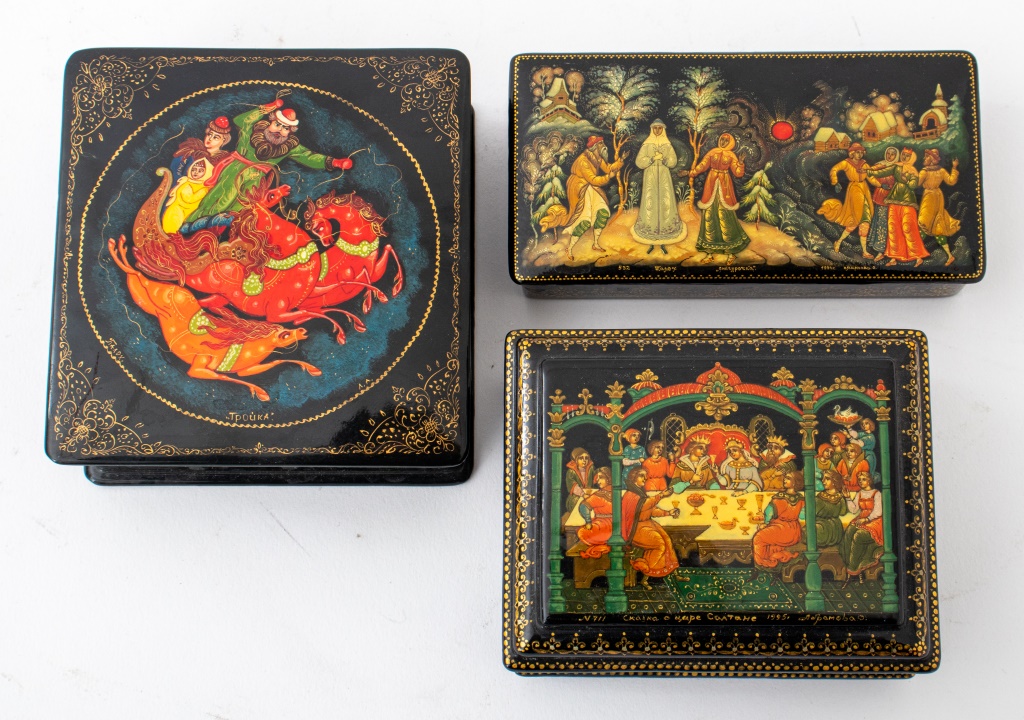 Appraisal: THREE RUSSIAN LACQUER BOXES PALEKH TH C Five Russian Lacquer