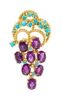 Appraisal: An Karat Yellow Gold Amethyst and Turquoise Articulated Brooch dwts