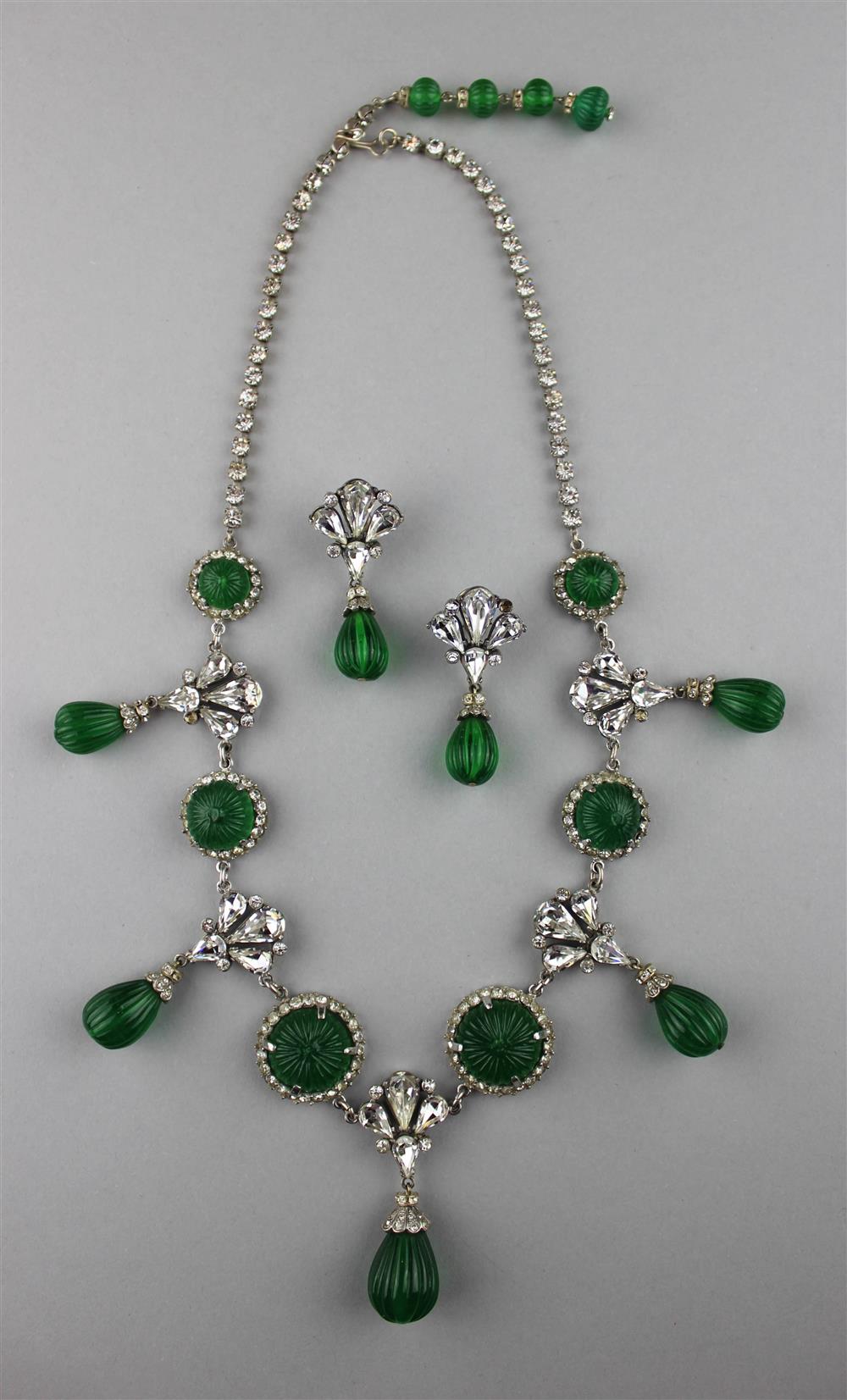 Appraisal: NETTIE ROSENSTEIN STERLING SEMI-PARURE necklace with tear drop emerald green