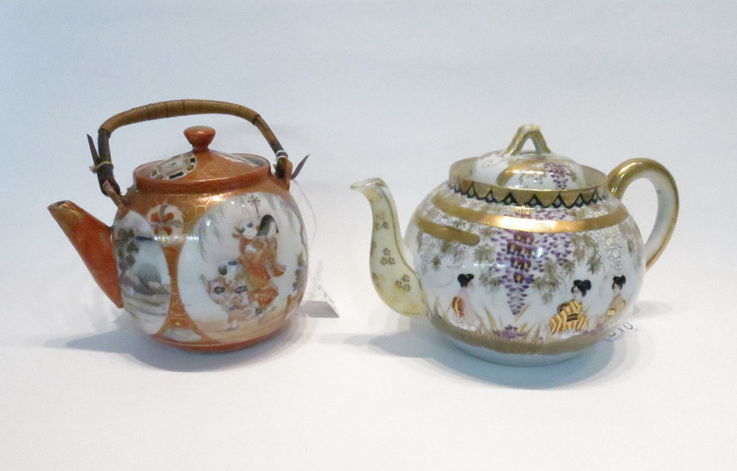 Appraisal: TWO JAPANESE PORCELAIN TEAPOTS the first of Satsuma design H