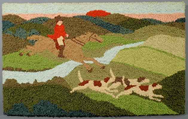 Appraisal: Colorful hooked rug with fox hunting theme mounted for hanging