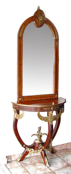 Appraisal: EGYPTIAN REVIVAL STYLE DEMI TABLE AND MIRROR Wedge veneer ormolu