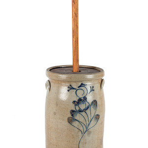 Appraisal: A New York Cobalt-Decorated Five-Gallon Stoneware Churn th Century Height