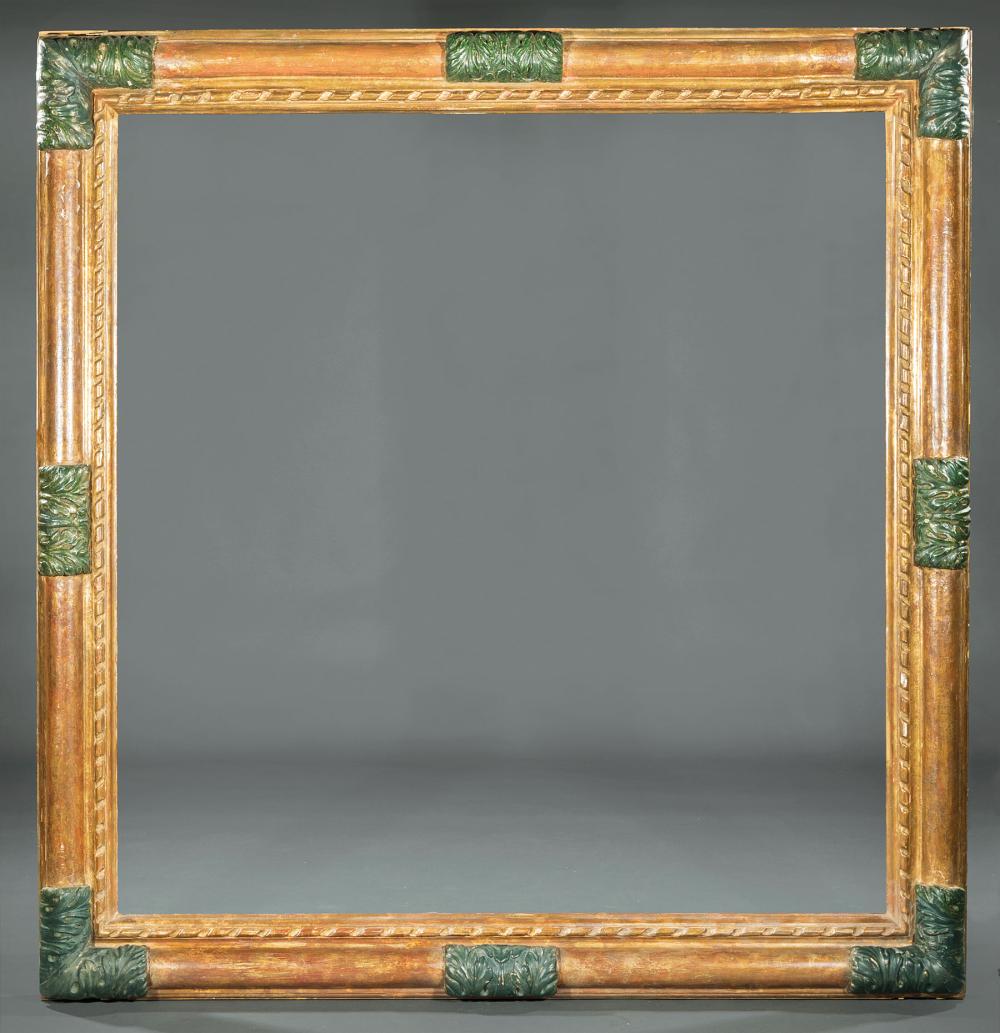 Appraisal: Large Antique Carved Giltwood Frame th th c with green