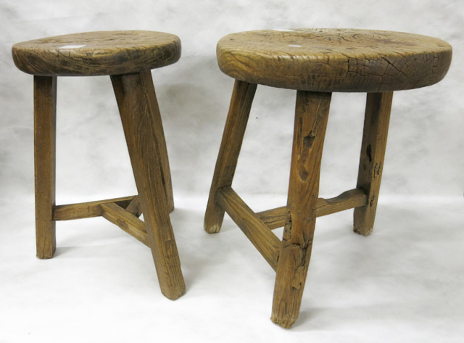 Appraisal: FIVE PRIMITIVE THREE-LEG STOOLS including a variety of four with