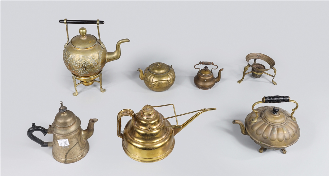 Appraisal: Group of eight antique brass teapots kettles and stands I