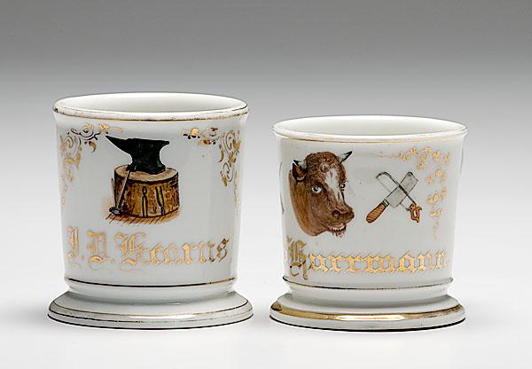 Appraisal: TWO OCCUPATIONAL SHAVING MUGS SMITH AND BUTCHER two porcelain shaving