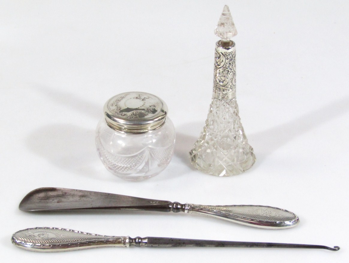 Appraisal: Various silver and glass comprising an Edwardian powder jar the