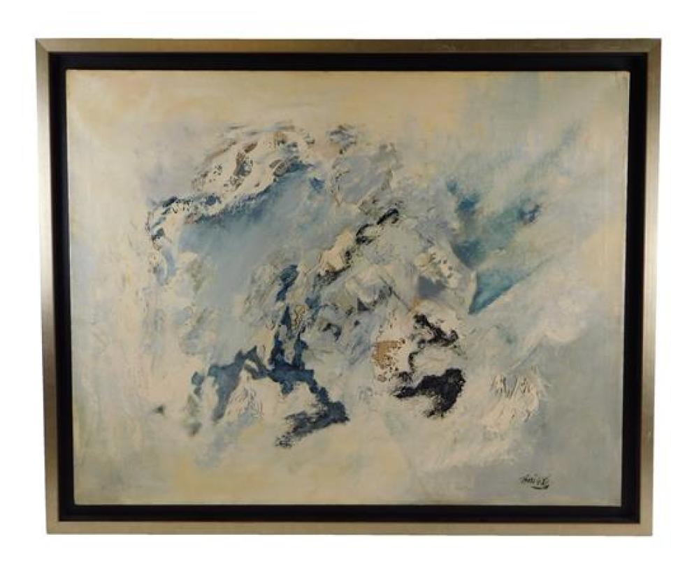 Appraisal: Oil on canvas abstract composition in tones of blue white