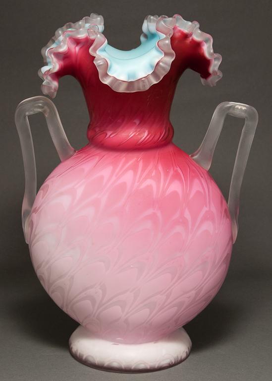 Appraisal: American cased satin glass two-handled vase with scalloped flared top