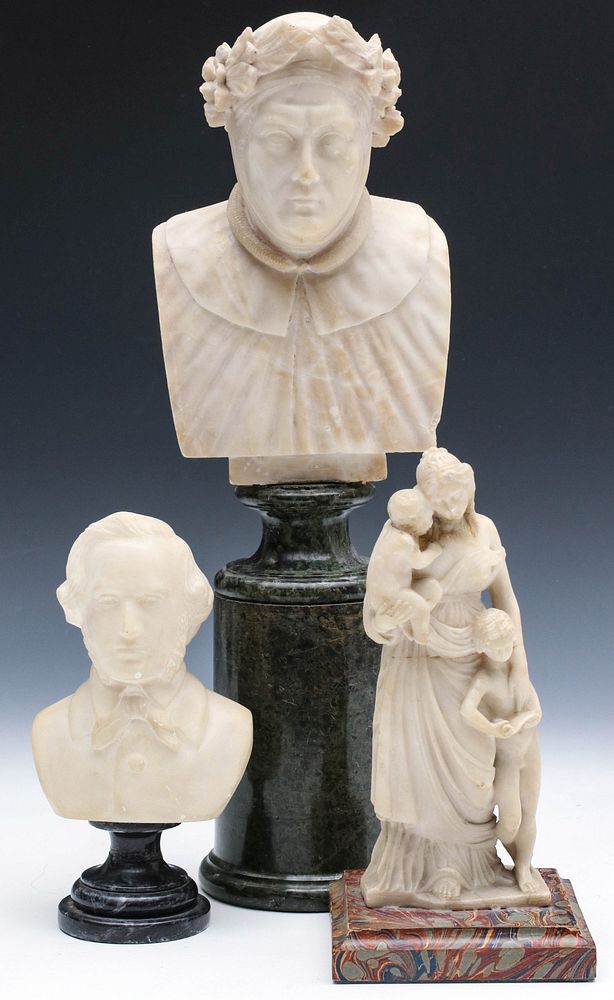 Appraisal: MARBLE AND ALABASTER BUST AND FUGURAL CARVINGS C - A