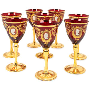 Appraisal: A Set of Eight Gilt-Decorated Ruby-Flashed Glass Wine Glasses Each