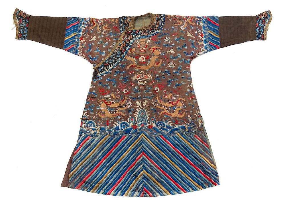 Appraisal: A Brown Ground Embroidered Silk Dragon Robe Collar to hem