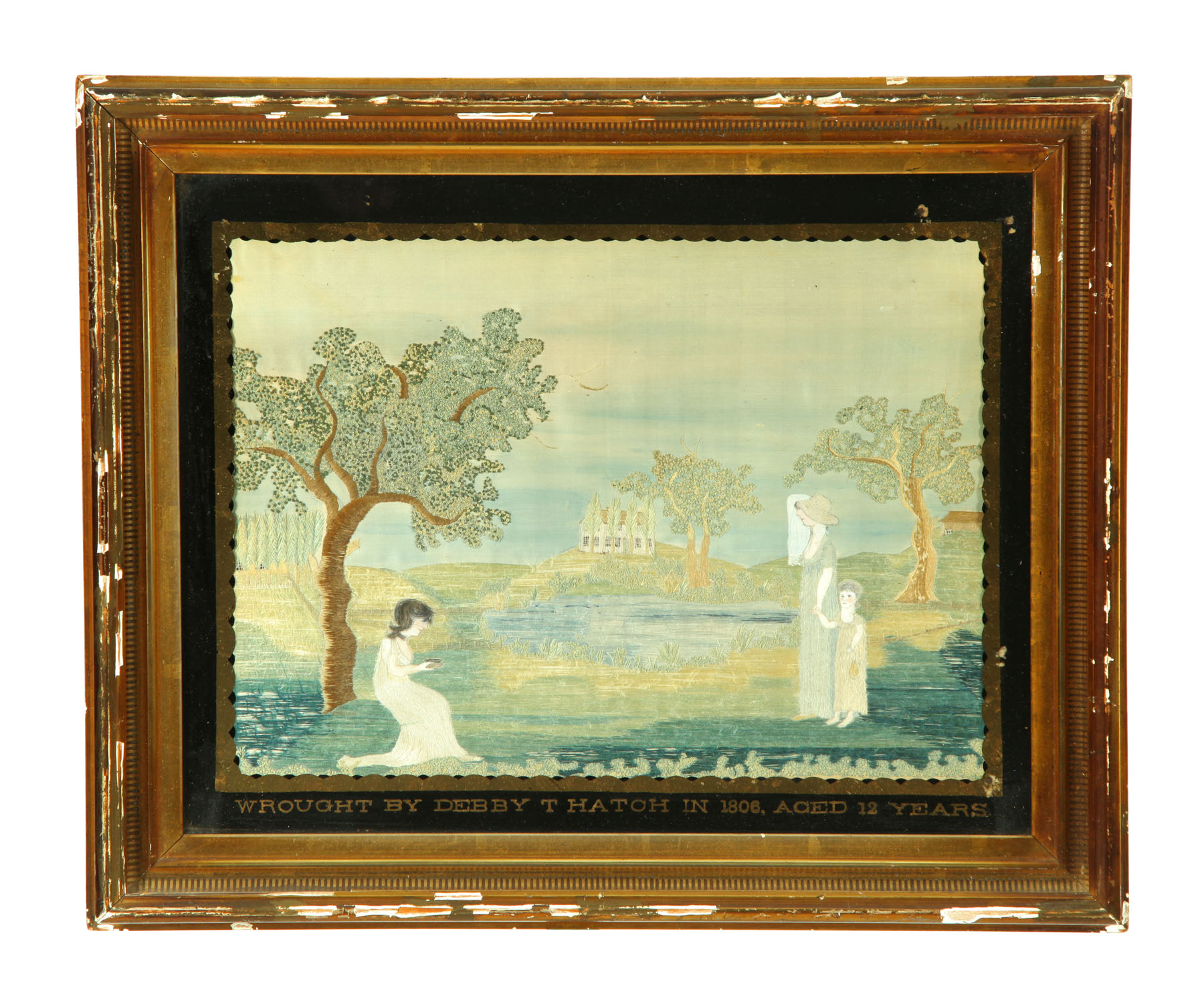 Appraisal: AMERICAN NEEDLEWORK PICTURE Probably Massachusetts silk thread watercolor on silk