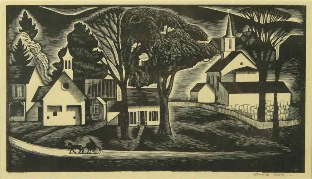 Appraisal: HOWARD COOK AMERICAN - THE VILLAGE Wood engraving x in