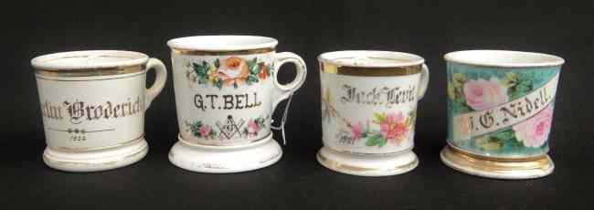 Appraisal: Lot four painted shaving mugs all with names One painted