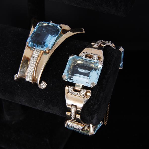 Appraisal: Trifari Sterling Vermeil Aqua Jewel Scroll Bracelet and Fur Clip