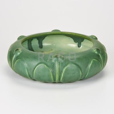 Appraisal: HAMPSHIRE Matte green bowl decorated with water lilies Keene NH