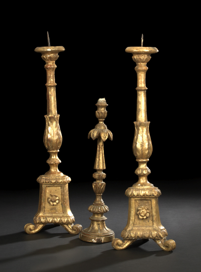 Appraisal: Pair of Italian Carved Giltwood Tripodal Pricket Altar Candlesticks first