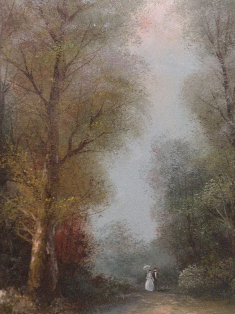 Appraisal: thC School Figures on a tree lined path oil on