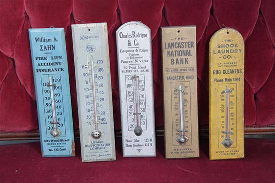 Appraisal: FIVE WOODEN ADVERTISING THERMOMETERS Including ''The Lancaster National Bank The