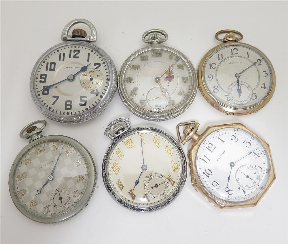 Appraisal: Antique open-face pocket watches including Hamilton Hercules Waltham and two