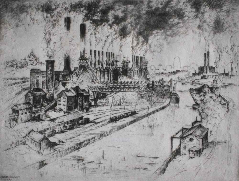 Appraisal: SCHUTZ Anton American - ''Cleveland Steel Mills'' etching rd state