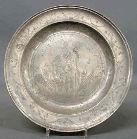 Appraisal: Continental pewter charger th c with an engraved image of