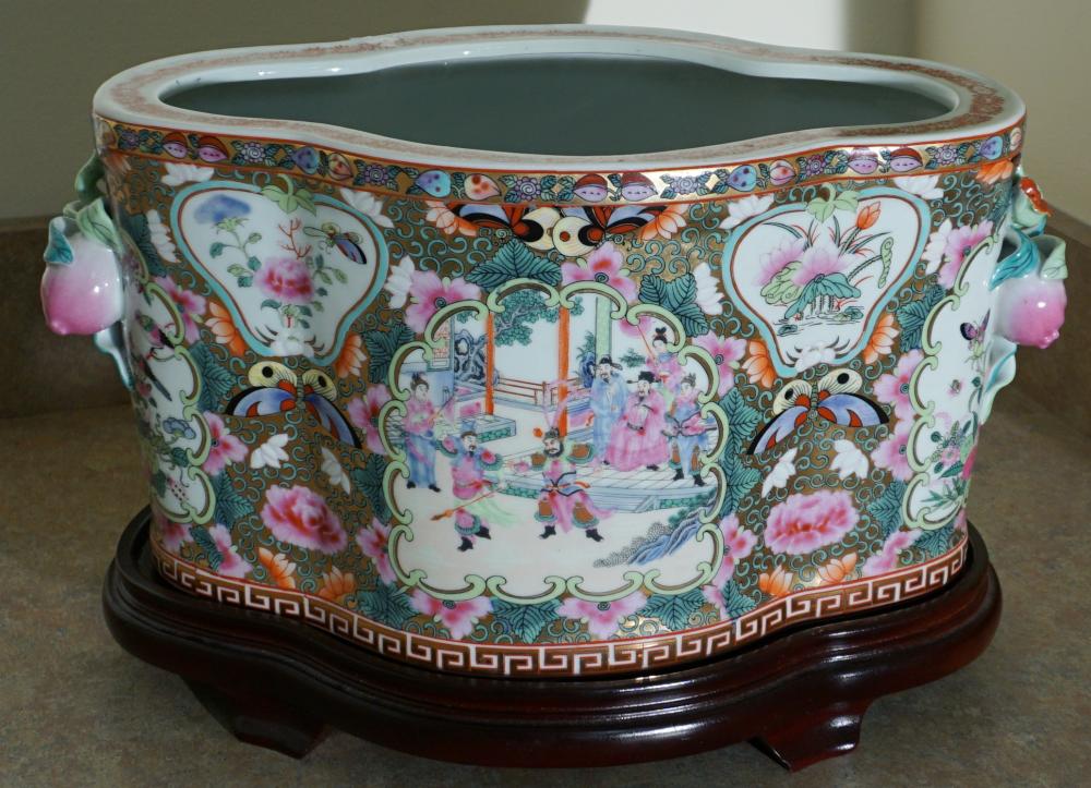 Appraisal: PORCELAIN JARDINIERE ON HARDWOOD STAND H IN CM Porcelain Jardiniere