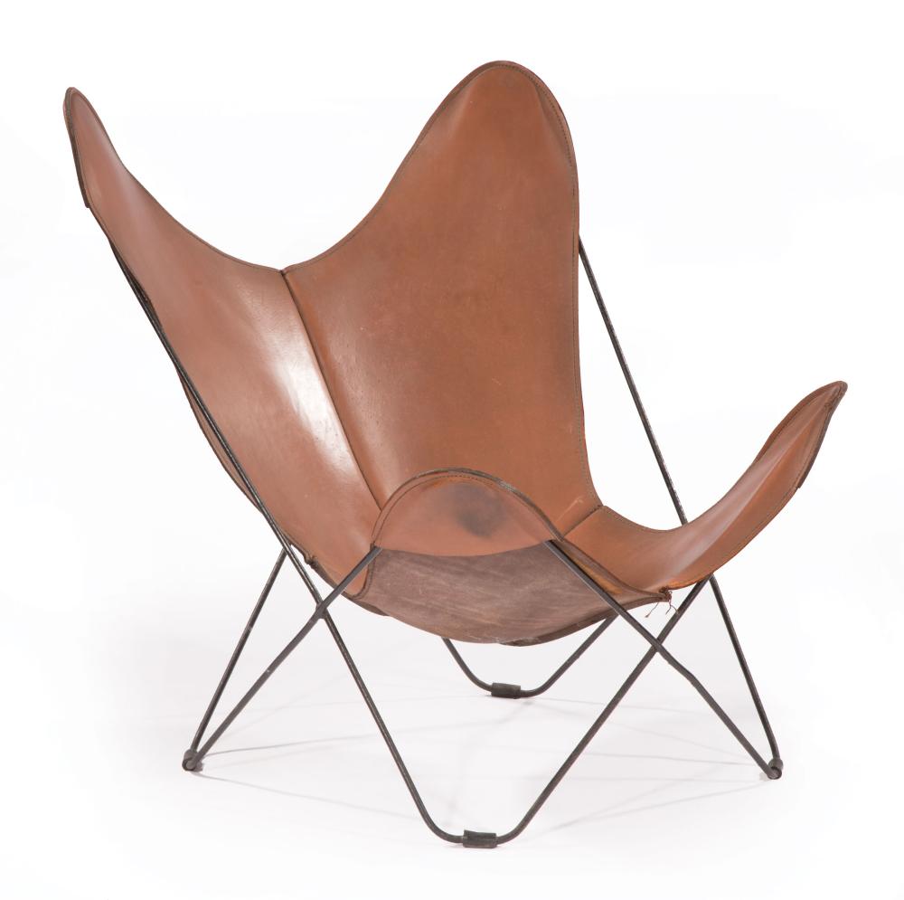 Appraisal: Contemporary Leather Butterfly Chair metal frame four part stitched seat