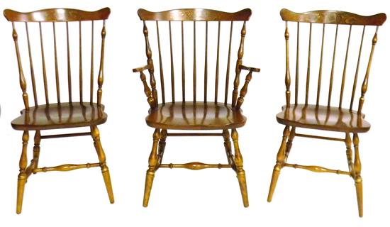 Appraisal: Hitchcock armchair and two matching side chairs th C fan