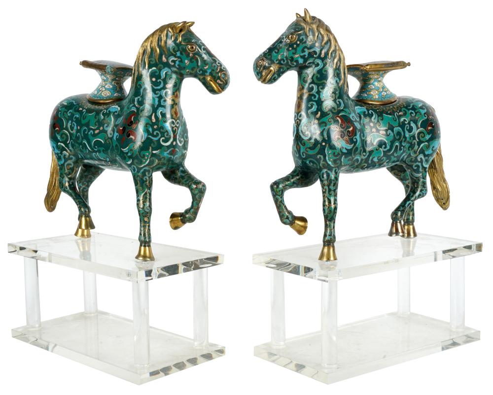 Appraisal: PAIR OF CHINESE CLOISONNE HORSE FIGURESeach with removable lid each