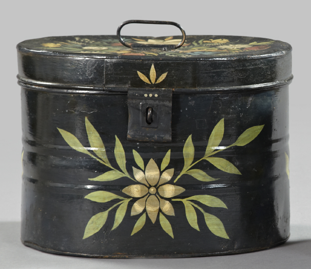 Appraisal: American Black-Ground Polychromed Tole Hat Box second quarter th century