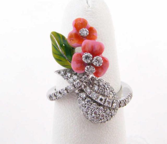 Appraisal: K White Gold Diamond and Enameled ring in floral motif