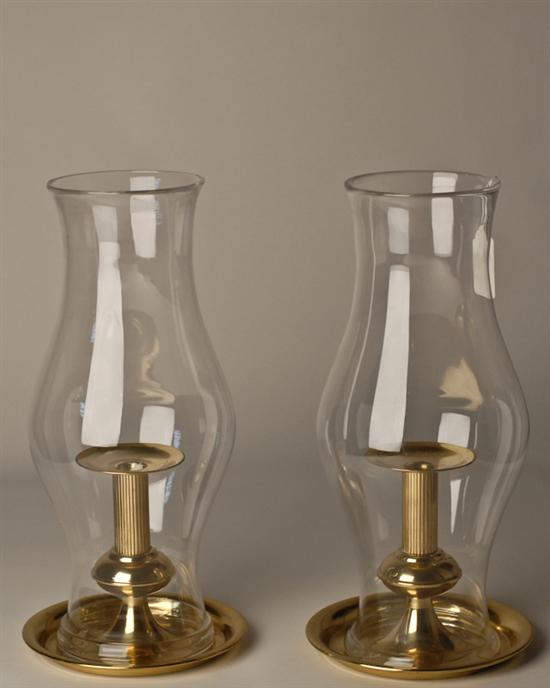 Appraisal: Pair of Brass Candlesticks with Hurricane Globes high