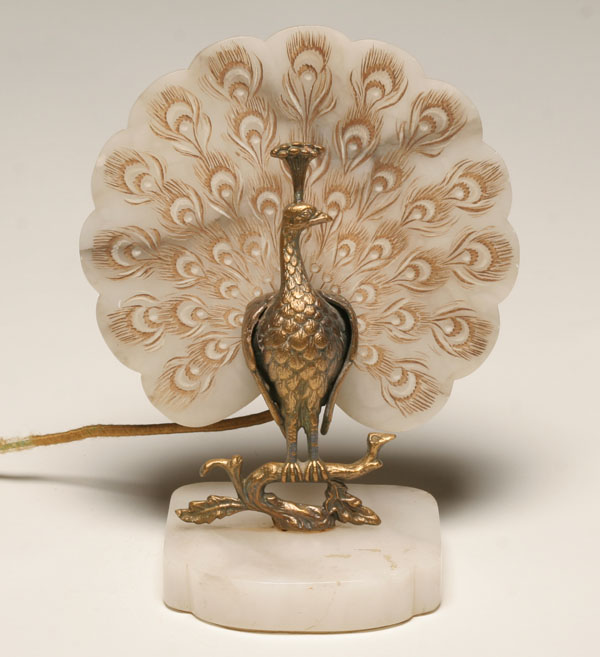 Appraisal: Vintage lamp brass peacock with hand painted and carved alabaster