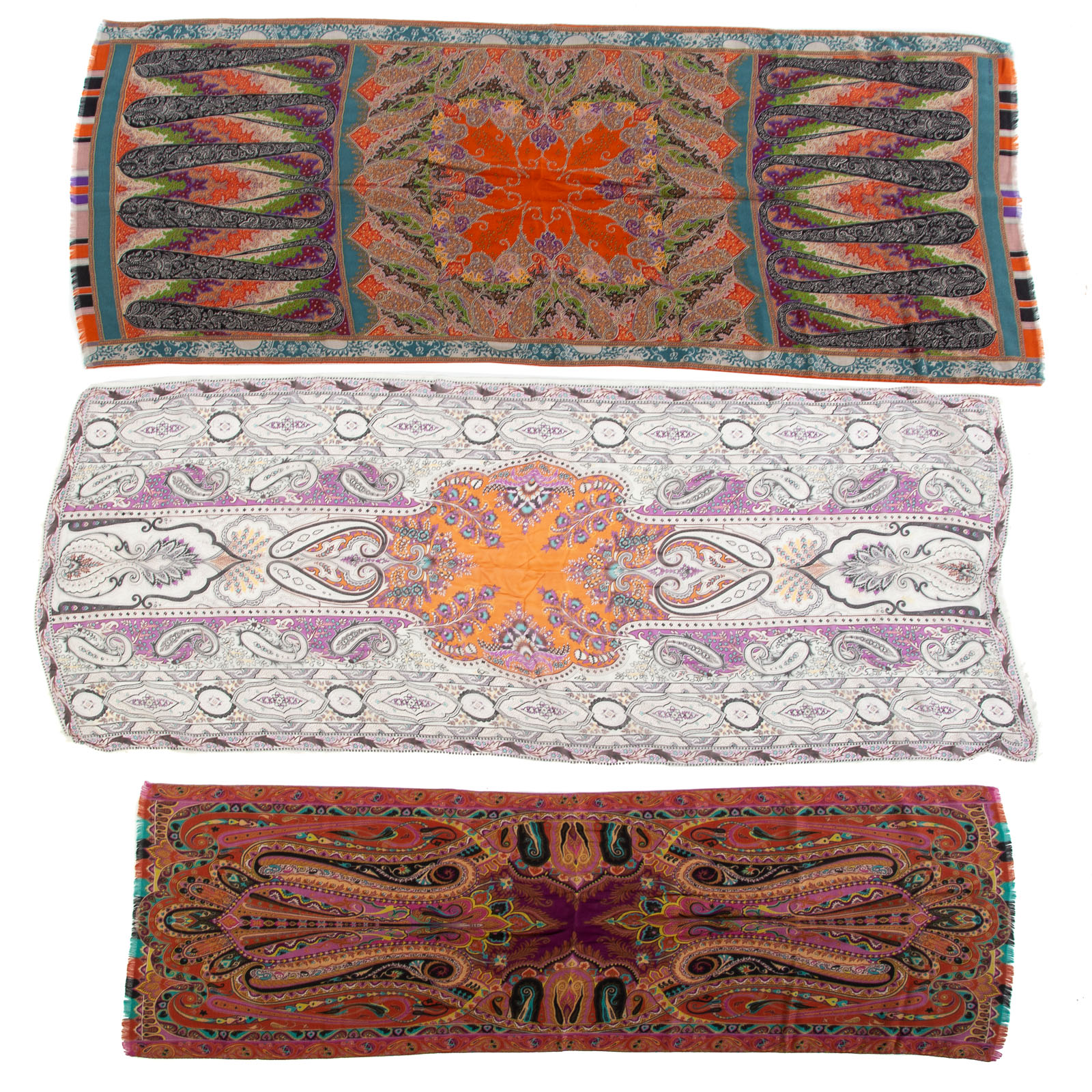 Appraisal: THREE ETRO SILK WOOL CASHMERE SCARVES An orange and multicolor