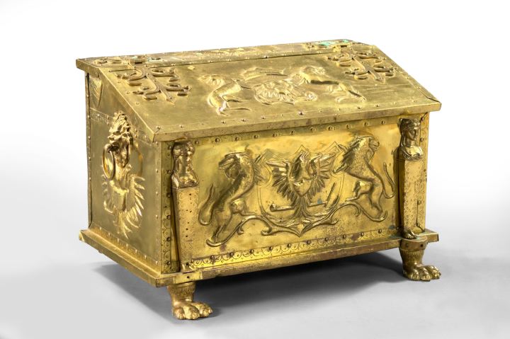 Appraisal: Large Continental Embossed Brass and Wood Log Box first quarter