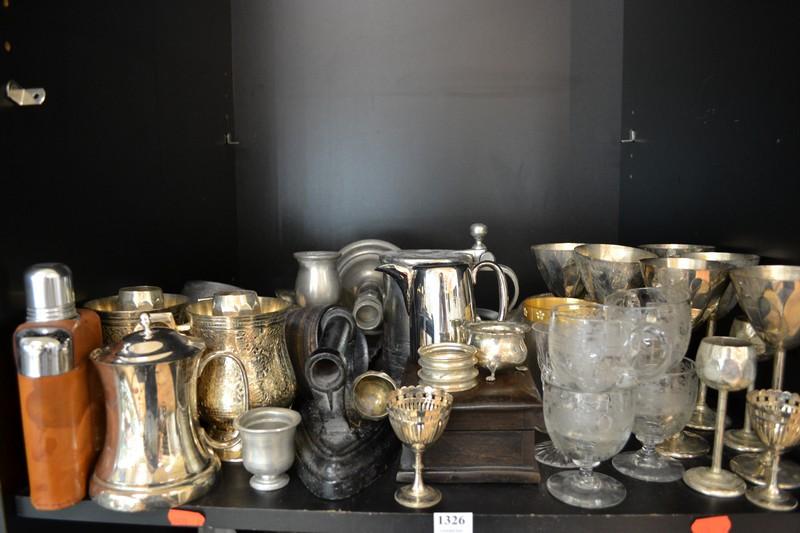 Appraisal: SHELF OF ASSORTED ITEMS INCL STUART CRYSTAL ETCHED GLASS PEWTERED