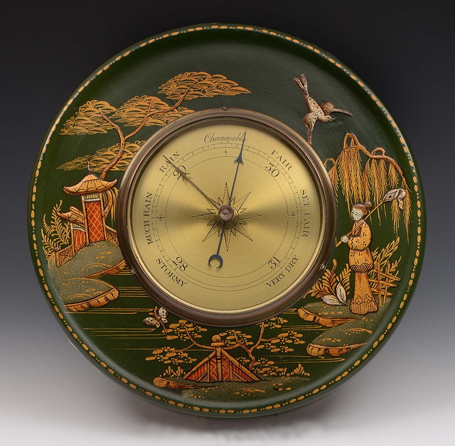 Appraisal: An Edwardian green chinoiserie cased wall barometer cm