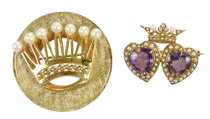 Appraisal: Two kt Gemstone Brooches crown design seven pearls approx mm