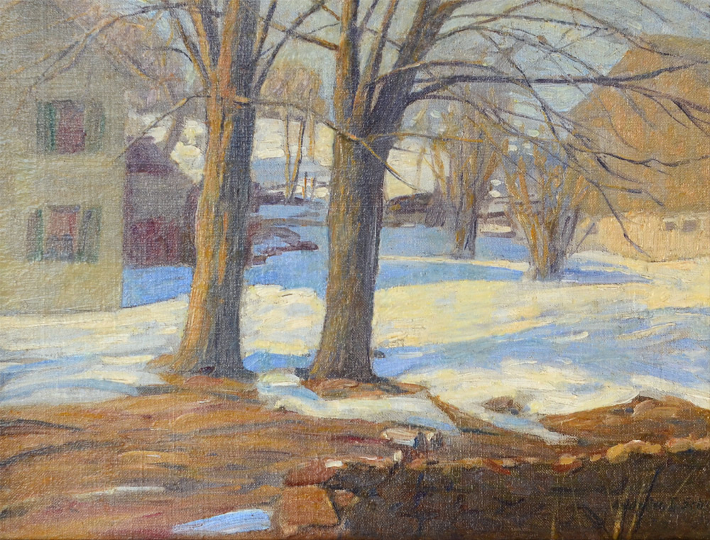 Appraisal: SCHWARTZ Andrew Thomas American - Winter Village Landscape Oil Canvas