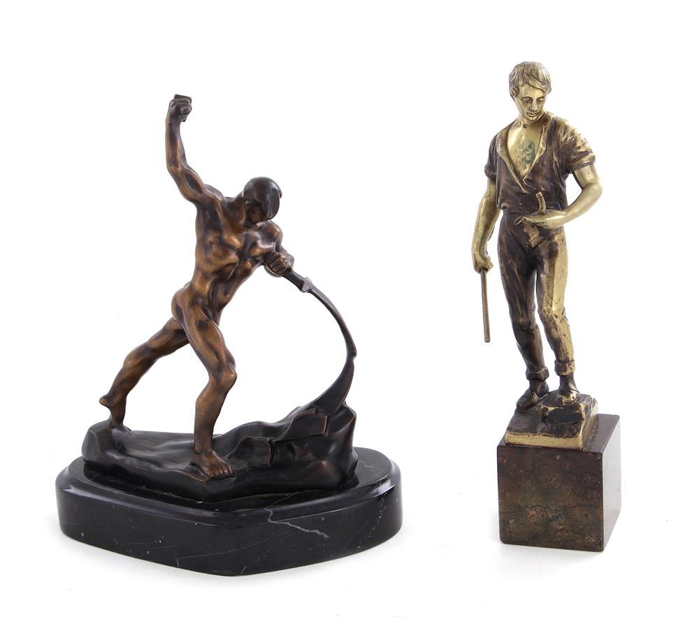 Appraisal: Ernst Beck Austrian - YOUNG BLACKSMITH bronze golden patina on