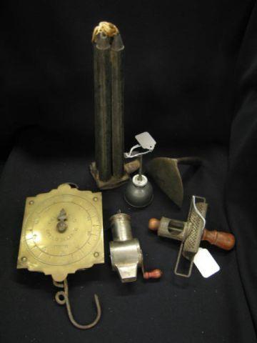 Appraisal: Early Metal Items candle mold nutmeg graters hanging scale oilcan