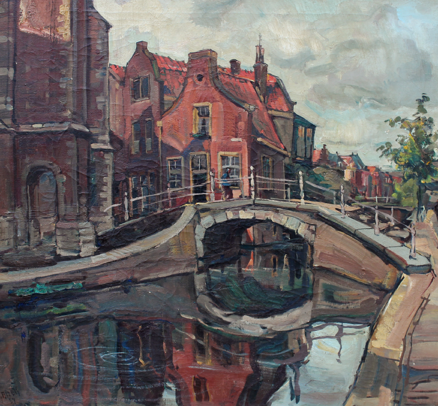 Appraisal: RIZEK Emil Austrian - Delft Canal Scene with Figures Oil