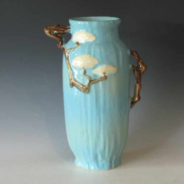 Appraisal: Roseville Ming Tree handled vase in blue Marked Roseville USA