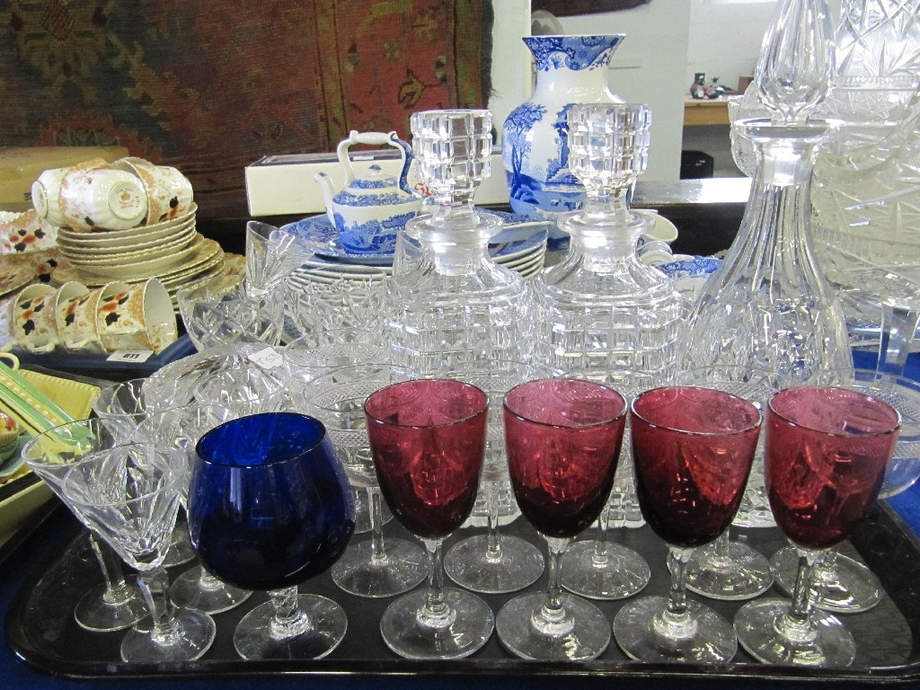 Appraisal: Four cranberry glasses various cut drinking glasses decanters etc