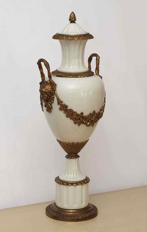 Appraisal: FRENCH ORMOLU COVERED URN '' tall gilt metal over cream