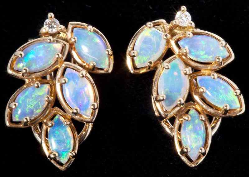 Appraisal: Opal and Diamond Earclips Hardy Bros in foliate design each