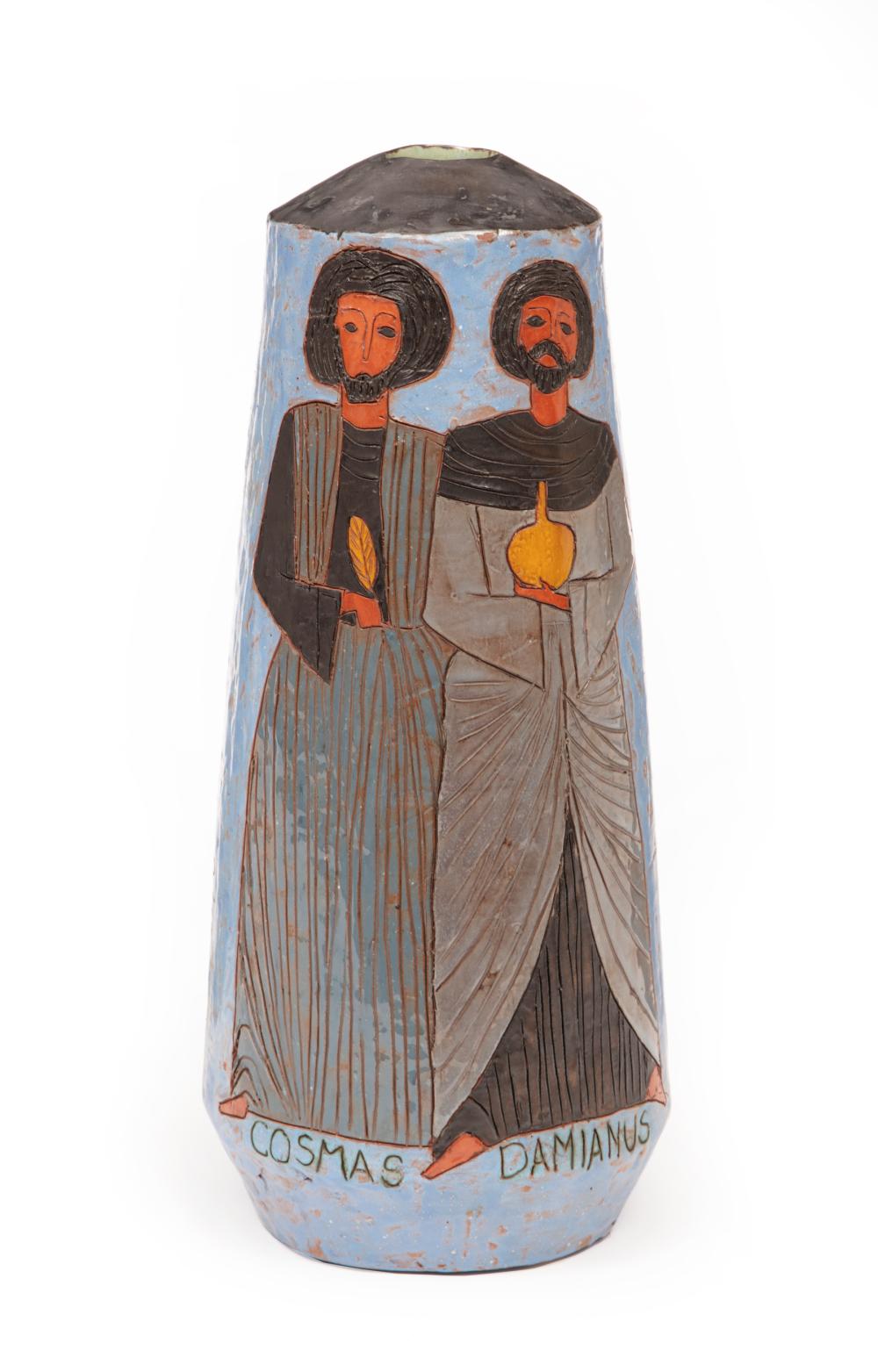 Appraisal: Contemporary Polychrome Ceramic Vase depiciting Saints Cosmas and Damianus edition